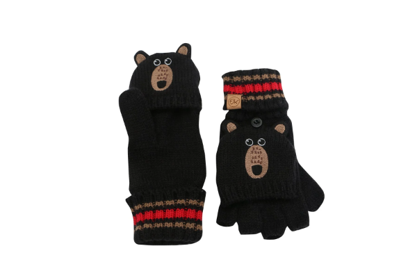 Picture of FlapjackKids Knitted Fingerless Gloves With Mitten Flap - Black Bear